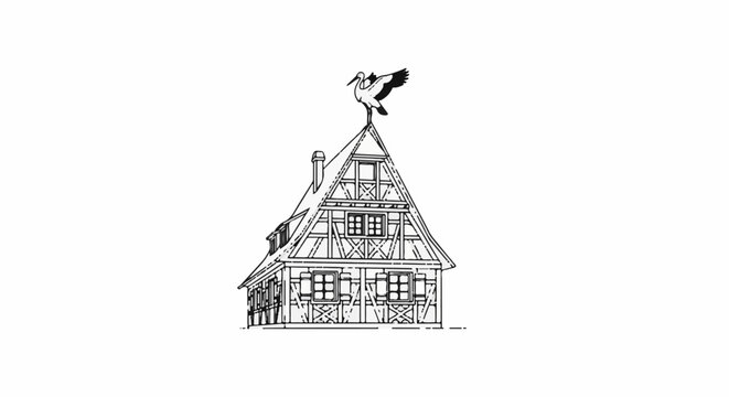 A stork perched atop a quaint, old-fashioned timber-framed house
