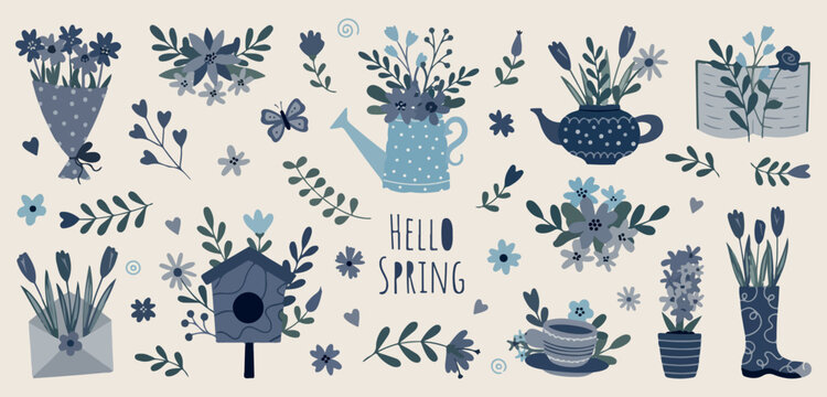 hello spring garden floral seamless pattern, hand drawn watering can and birdhouse illustration, minimalist nature flowers background, aesthetic spring garden textile design, professional gardening gr