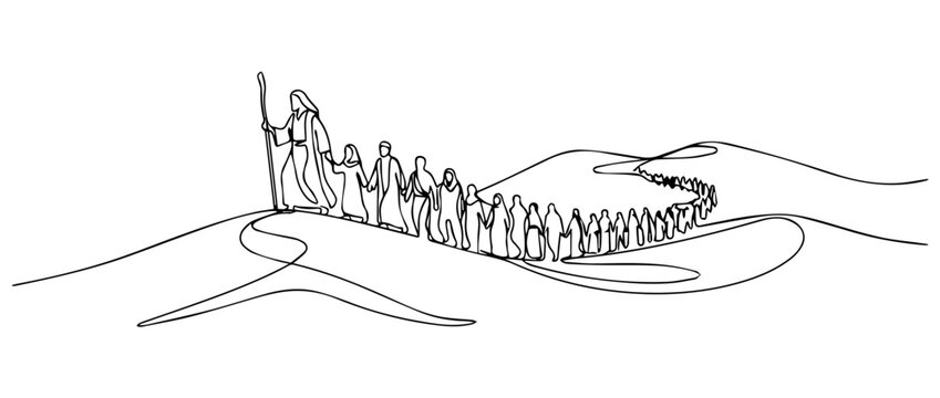 Moses leading Israelites through the desert continuous line drawing. Biblical exodus landscape vector illustration. Minimalist single stroke outline isolated on white background