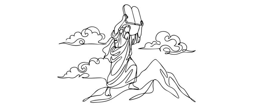 Moses lifting the Ten Commandments high on Mount Sinai. Continuous one line drawing vector illustration