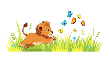 Cute cartoon lion cub chasing butterflies in a grassy field with flowers © Lilis