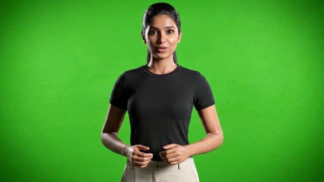 A simple and clean 3D animated female avatar in a black shirt, presented on a green screen background. Perfect for presentations, explainer videos, or corporate animations.