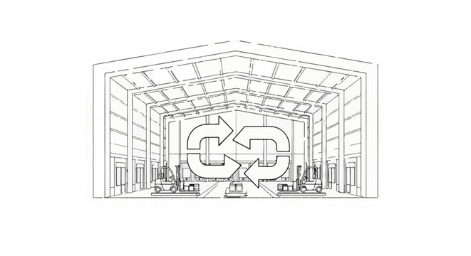 Warehouse interior with forklifts and a large recycling symbol