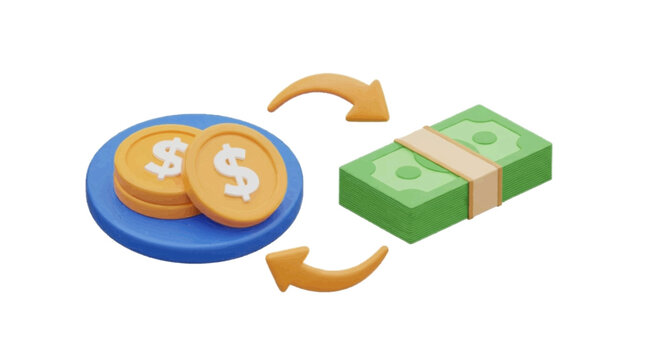 Vector illustration&nbsp;of 3d illustration of currency exchange between gold coins and paper money stack on a transparent background