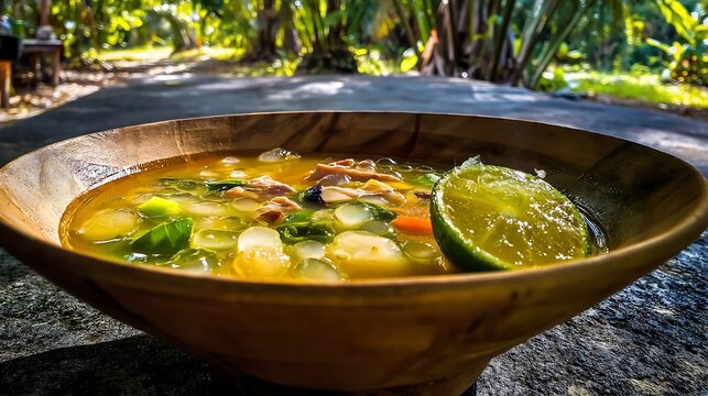 Fresh Lor Mee Soup with Lime in Lush Outdoor Setting