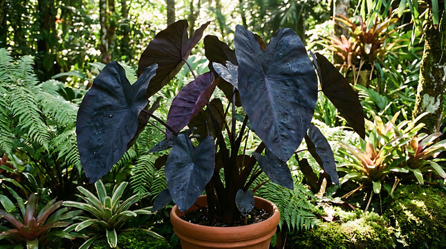 Stunning Black Coral Colocasia elephant ear plant with dark purple ebony foliage showcasing a rich glossy texture and striking tropical velvet leaf structure in a garden setting.