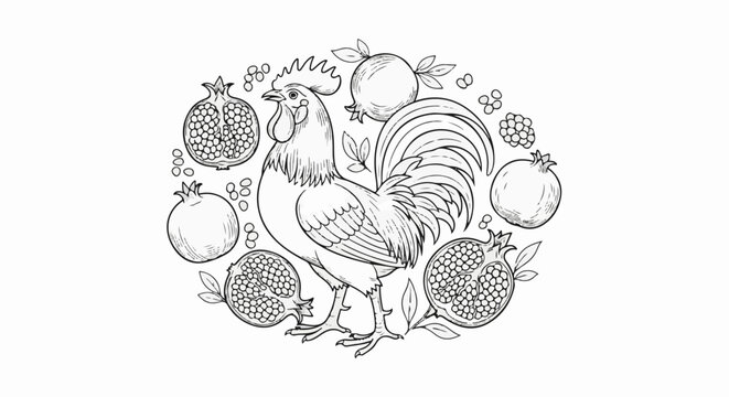 Detailed line drawing of a proud rooster surrounded by pomegranates and berries
