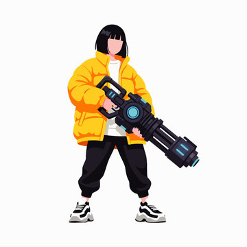 Stylized illustration of a person in a yellow puffer jacket holding a futuristic minigun weapon