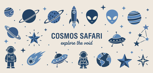 cosmos safari space exploration minimalist illustration, aesthetic astronaut and alien planet design, modern simple galaxy and star wall art, professional graphic design for space themes, creative wan © Geetaroy