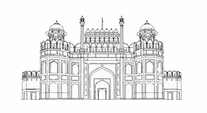 Ornate drawing of an impressive historical fort with arched entrances and towers