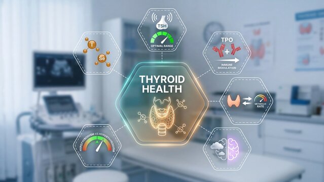 Thyroid health digital medical infographic in clinical setting showing TSH levels, hormonal indicators, and endocrine disorder awareness concepts