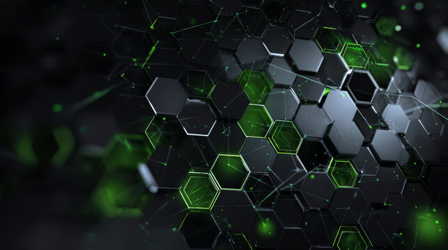 Abstract green and silver polygons on dark steel mesh background. with free space for design. modern technology innovation concept background