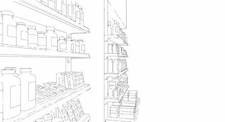 Fototapeta premium Sketch of a pharmacy aisle with shelves stocked with bottles and blister packs