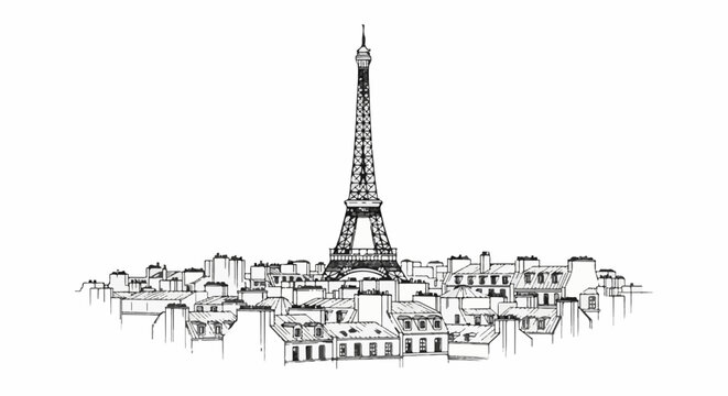 Sketch of Eiffel Tower amidst Parisian rooftops