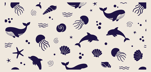 blue dolphin and sea shell seamless pattern, hand drawn doodle ocean life background, minimalist jellyfish and whale wallpaper, aesthetic blue aquatic textile design, creative underwater nature art, m © Geetaroy