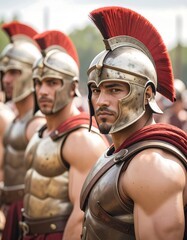 Fototapeta premium A close-up of a muscular man in ancient armor and a red plume helmet