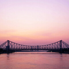 Fototapeta premium Minimalist Kolkata Skyline Illustration with Howrah Bridge and Hooghly River at Sunset