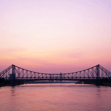 Minimalist Kolkata Skyline Illustration with Howrah Bridge and Hooghly River at Sunset
