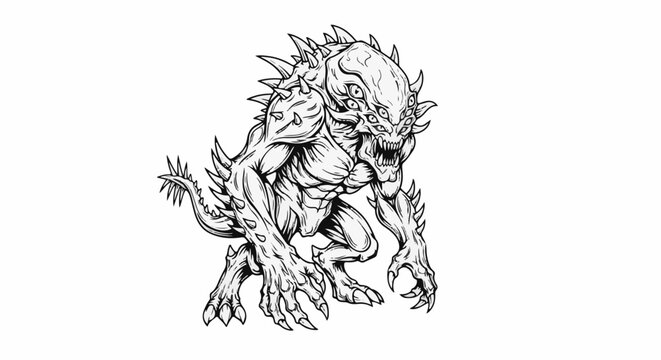 Spiky, multi-eyed creature with sharp claws and teeth, in black and white