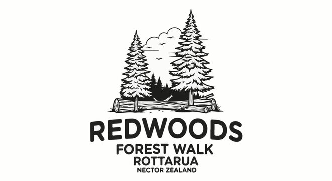 Black and white logo featuring pine trees, fallen logs, and text about a forest walk