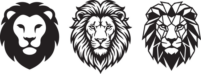 Obraz premium Black and white lion head logo set bold silhouette, detailed realistic mane, and geometric low poly vector illustration