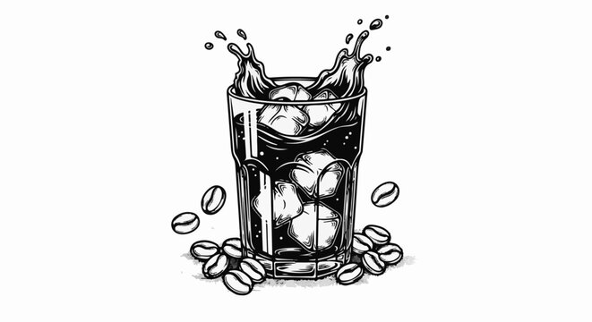 A refreshing cold coffee splash with scattered beans
