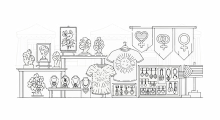 Naklejka premium Outdoor market stall displays diverse handmade crafts and pride symbols