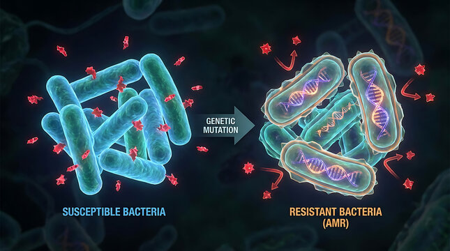 Microscopic 3D illustration of antimicrobial resistance showing bacteria evolving genetic mutations to survive medicine and antibiotic drugs, highlighting pathogenic superbugs in a laboratory.