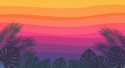 Obraz premium Tropical Summer Background with Sunset Gradient Wavy Layers and Palm Leaves Silhouette