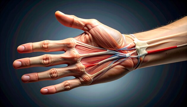 A human hand with visible anatomy and blood vessels