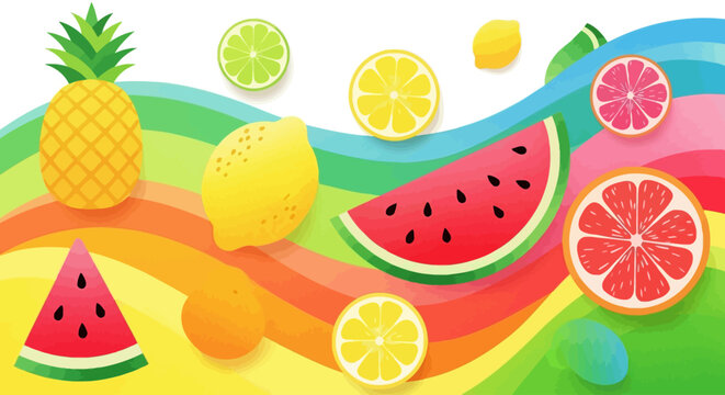 Summer Fruit Background with Colorful Wavy Layers, Pineapple, Watermelon and Citrus