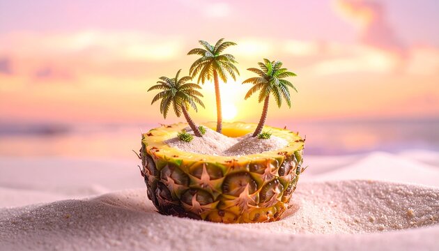 Pineapple half with miniature palm trees on sandy tropical beach