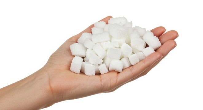chopped memory foam pillow filling in female hand with white cubes on seamless white studio set