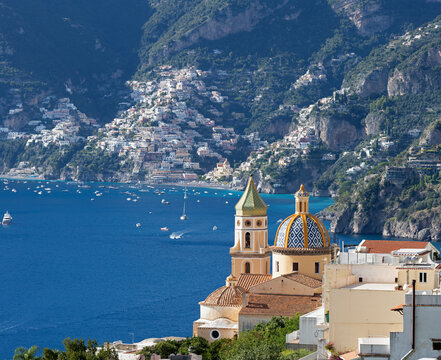 Praiano - Amalfi coast landscape - look to St. Januarius (Gennaro) church church and Positano in the background.