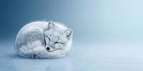 Fototapeta premium Sleeping white arctic fox pup curled up on ice