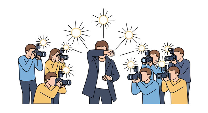 Man hiding face from paparazzi and camera flashes on white background