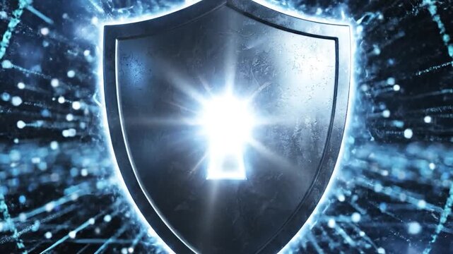 Digital shield with glowing light lock security.