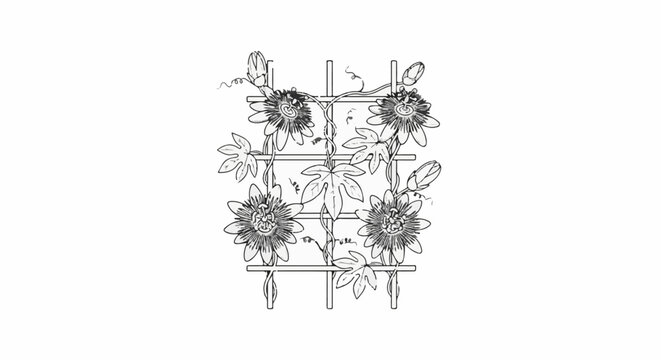 Elaborate vine with passion flowers and buds on a trellis