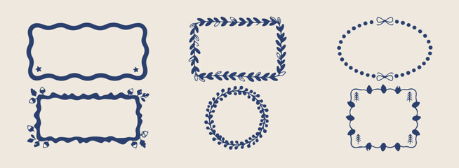 blue floral wreath and rectangular borders set, minimalist hand drawn botanical line art, aesthetic navy blue vine frames, modern simple foliage vector design, professional wedding invitation decorati © Geetaroy
