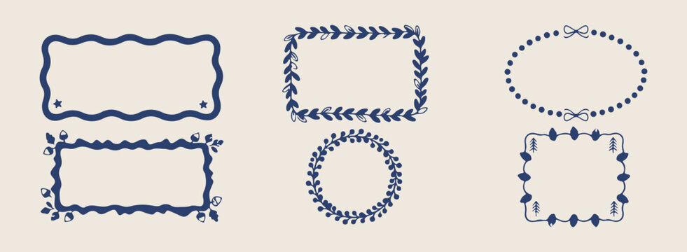 blue floral wreath and rectangular borders set, minimalist hand drawn botanical line art, aesthetic navy blue vine frames, modern simple foliage vector design, professional wedding invitation decorati