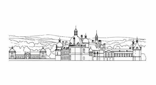 Detailed line drawing of a grand European castle with domed towers and gardens