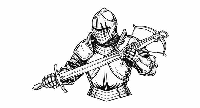 Detailed illustration of a knight in full armor holding a sword and crossbow