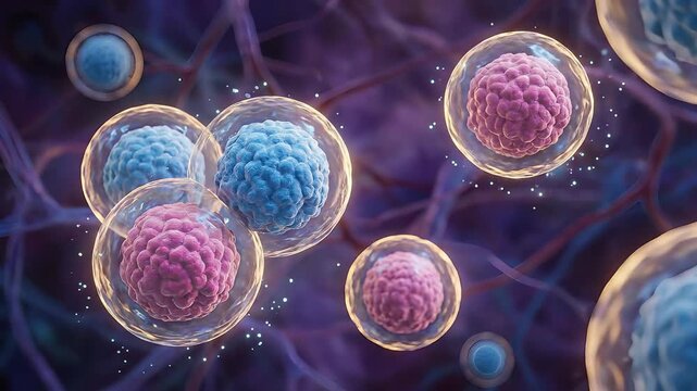 Stem cell, undifferentiated biological progenitor organism displaying cellular regeneration, advanced medical research, genetic therapy development, microscopic science, human body repair.