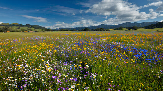 Spring wildflower meadow wide landscape with colorful blooms and rolling hills under clear sky showcasing fresh vibrant nature scenery