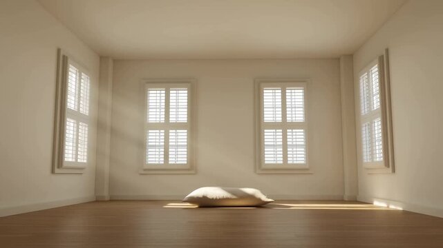 Nearly empty bright room, thick visible beams of afternoon sunlight piercing through half-closed shutters, illuminating millions of dust motes dancing in the air, concept of tangible light and stillne