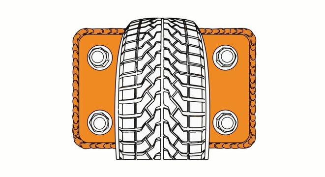 Close-up illustration of a tire with deep tread on an orange backing plate with bolts