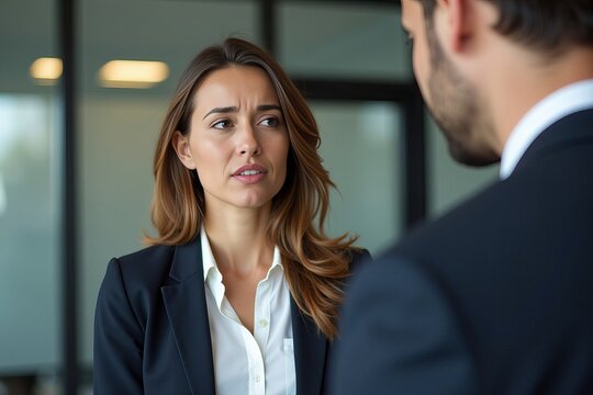 Uncomfortable Businesswoman in Workplace Fending Off Inappropriate Behavior from Male Coworker