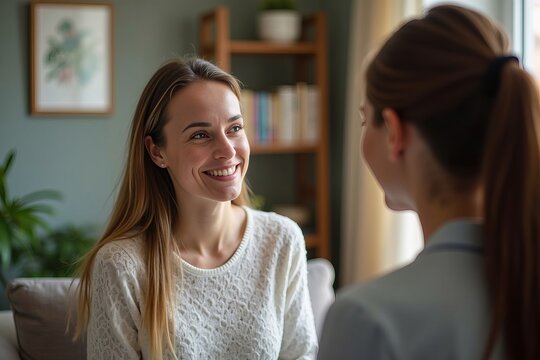 Woman receiving hypnotherapy from a hypnotist in a comfortable home office.