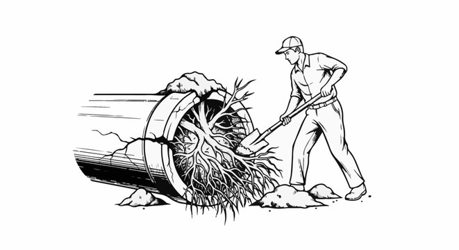 Man digging up a large tree root system from a broken pipe