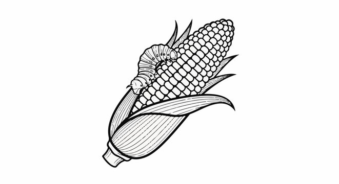 Black and white illustration of a caterpillar on an ear of corn